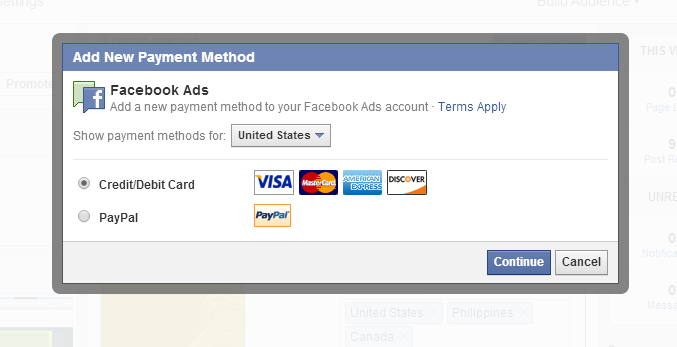 click the bottom boost post button and it will take you to this Add new payment Method panel
